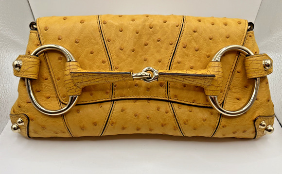 Gucci Handbags - VINTAGE GUCCI Tom Ford Ostrich Leather Horsebit Flap Clutch Yellow Evening Bag